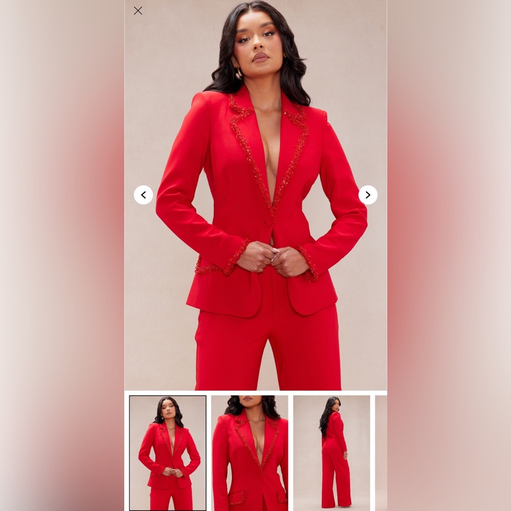 SWEETEST TOUCH BEADED TRIM SUIT SET Elegant Red Blazer and Pants Set